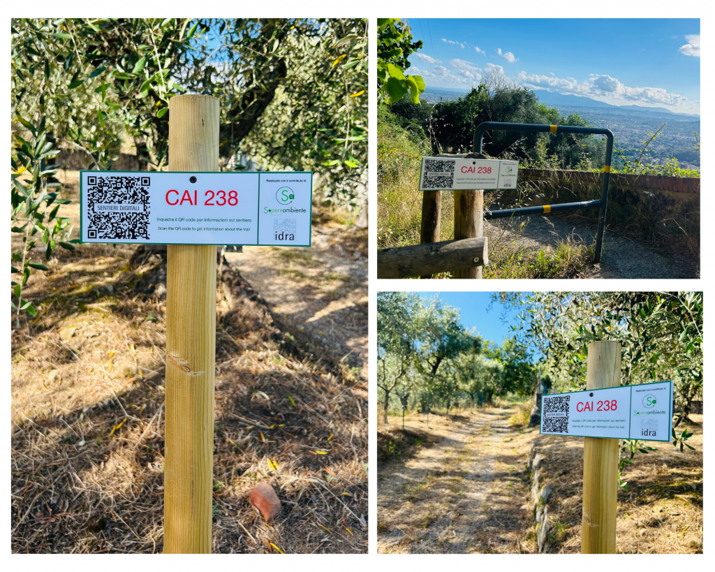 tre foto di cartelli già posizionati con con qr code e logo dello sponsor