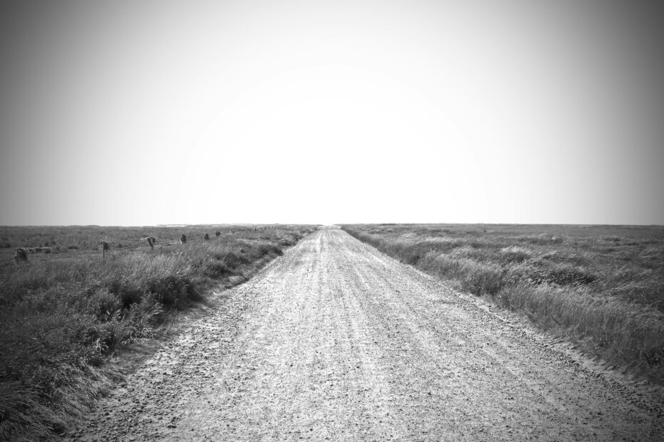 una strada sterrata in bianco e nero