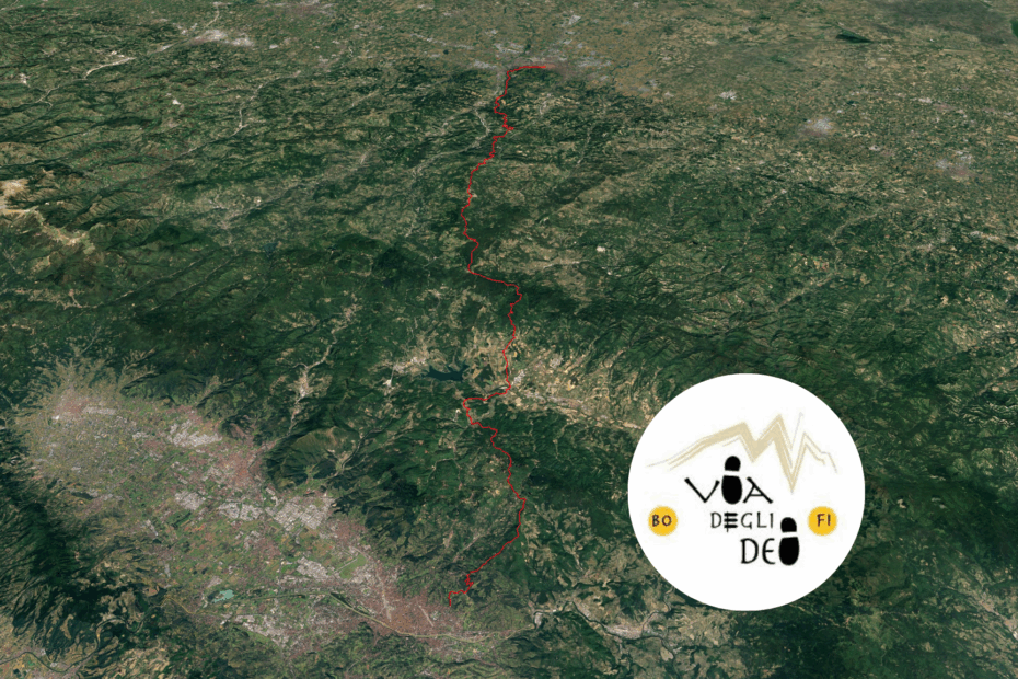 un'immagine satellitare della Via degli Dei con il relativo logo