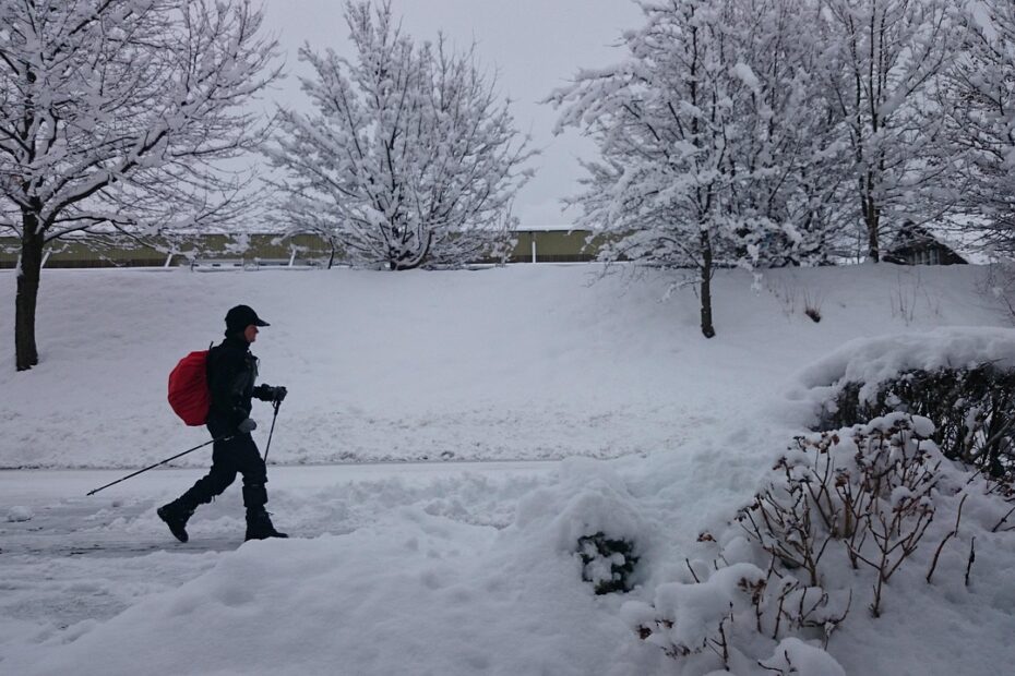 Un ragazzo sulla neve che pratica nordic walking