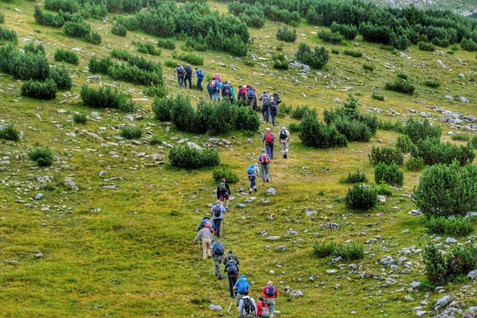 Gruppo di escursionisti che procedono educatamente lungo il sentiero